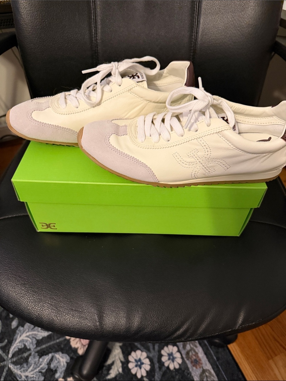 Sam Edelman Cream and Light Gray Leather Lace-Up Sneakers